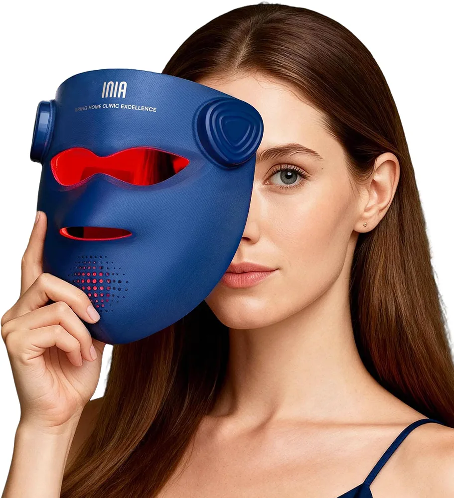 INIA Glow 4D Wireless Red Light Therapy Mask for face – Dual NIR, 320 LEDs, 4 Modes, Under-Eye Cooling, Cordless & Rechargeable LED Face Mask for Home & Travel, Skincare Gifts for Women Mom Wife, Blue