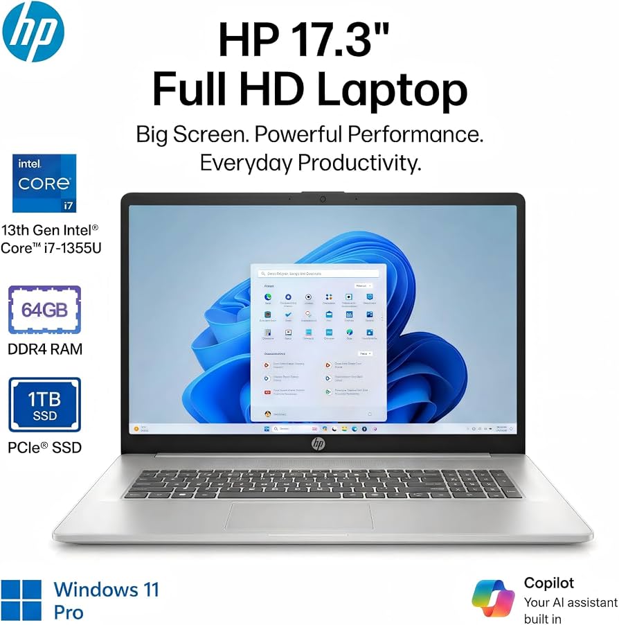HP 17 Inch Laptop, Intel 10-Core i7 1355U, 32 GB RAM, 1 TB SSD, 17.3" FHD IPS Display