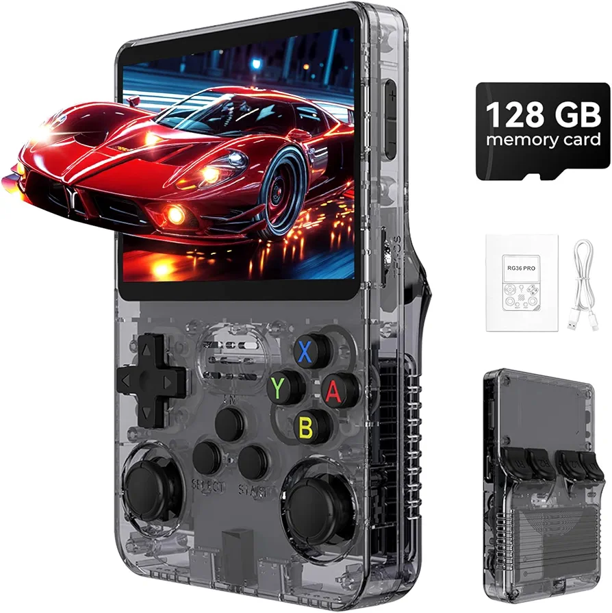 R36s Pro Retro Handheld Game Console, 3.5in IPS , 128GB Preloaded with 40000+Classic Games, Portable Game Console,30 +Game Emulator, Linux System,3500mah Rechargeable Battery (128G Black)