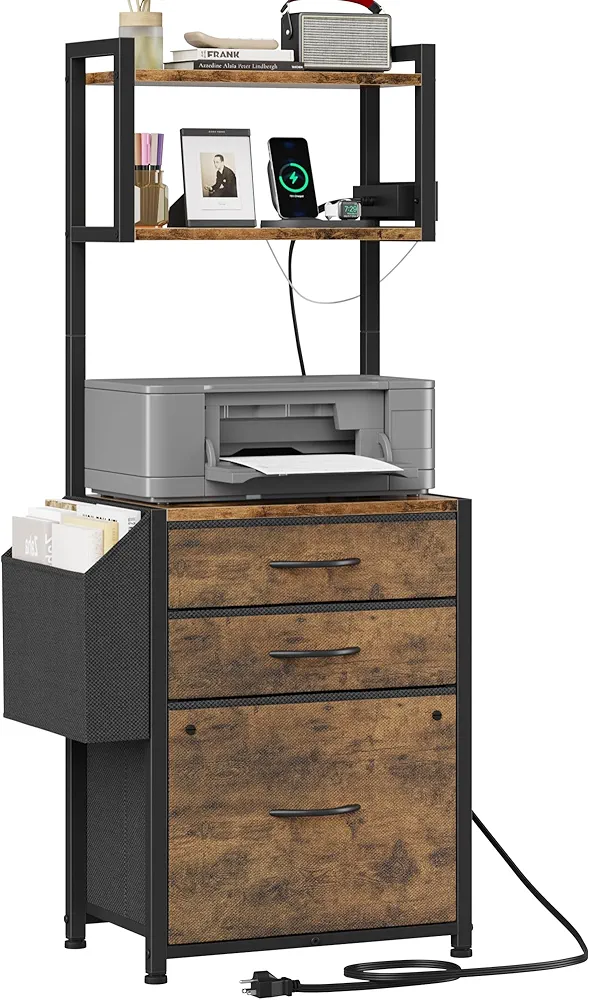 HIGDBFE 3 Drawer File Cabinet with Charging Station, 45''H, 3-Tier Small Filing Cabinet for Home Office