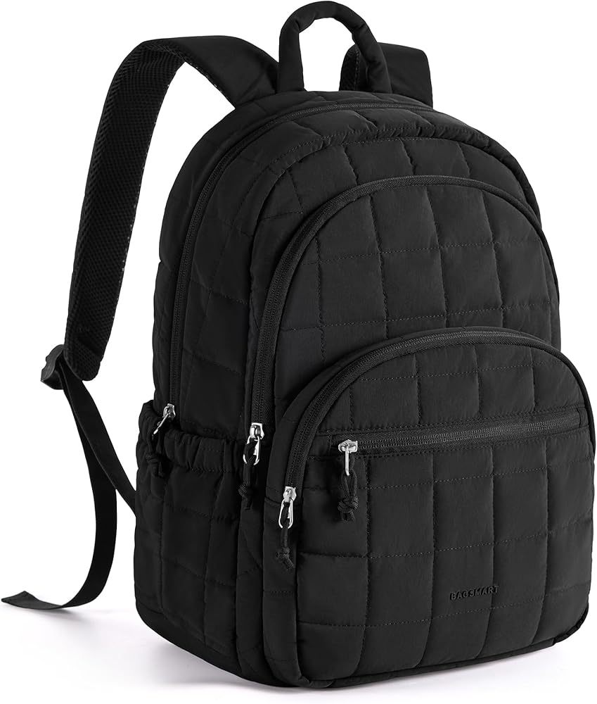 BAGSMART College Laptop Backpack, Travel Backpack for Women, Quilted Casual Daypack, Water-Resistant Bookbag for 15.6 Inch Laptop, Black