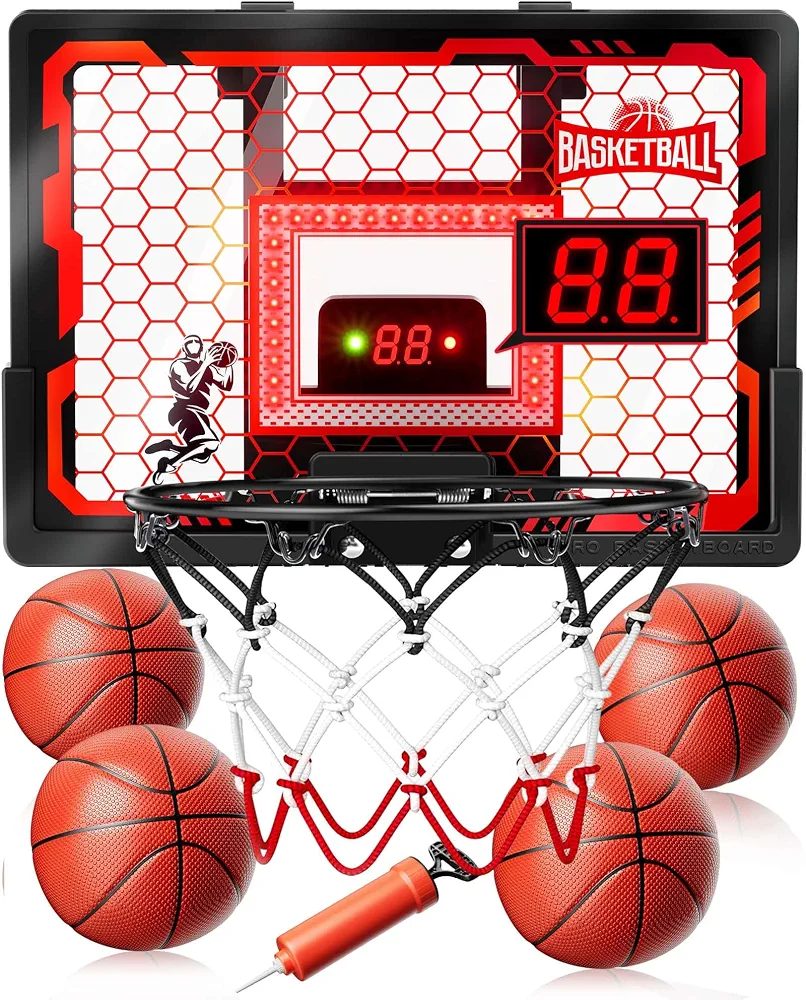Indoor Basketball Hoop Pro for Kids, Over The Door Basketball Hoop Indoor with LED Light/Scoreboard/4 Balls- Upgraded Anti-Impact Backboard, Basketball